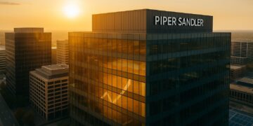 Vista aérea del edificio de Piper Sandler en ambiente bursátil