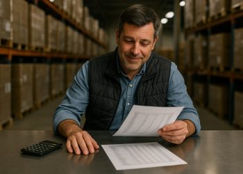 Jefe de almacén revisa listas de precios mayoristas con gesto de alivio por la inflación.