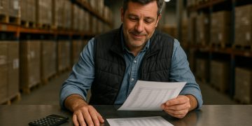 Jefe de almacén revisa listas de precios mayoristas con gesto de alivio por la inflación.