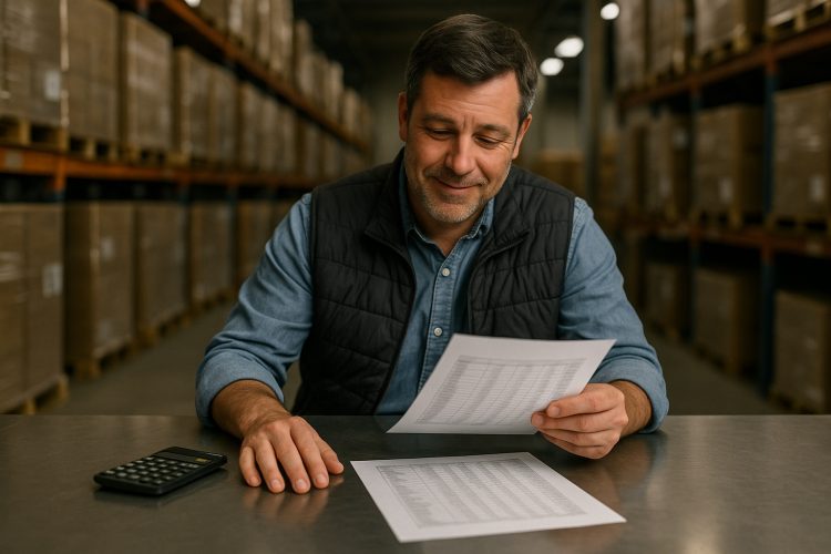 Jefe de almacén revisa listas de precios mayoristas con gesto de alivio por la inflación.