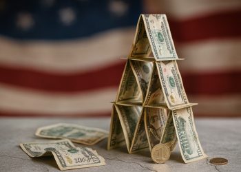 Torre frágil de billetes de dólar sobre superficie agrietada con bandera de Estados Unidos al fondo.