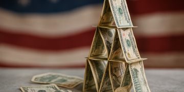 Torre frágil de billetes de dólar sobre superficie agrietada con bandera de Estados Unidos al fondo.