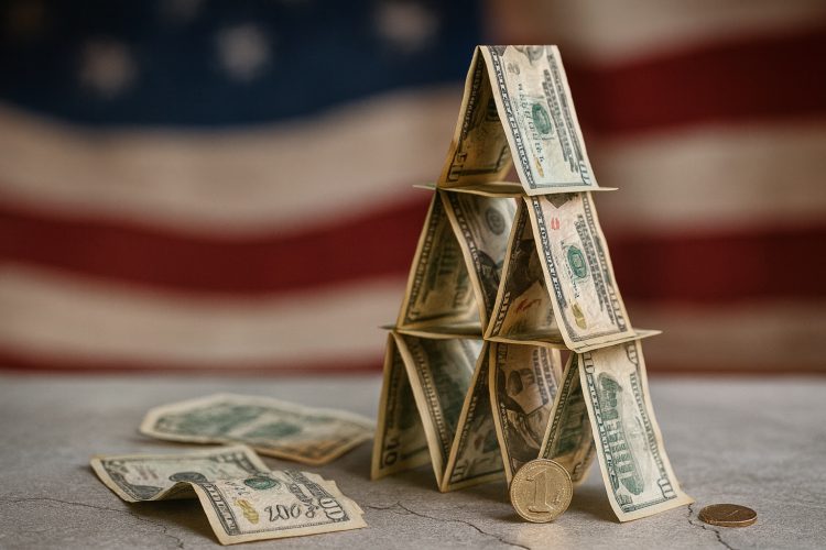 Torre frágil de billetes de dólar sobre superficie agrietada con bandera de Estados Unidos al fondo.