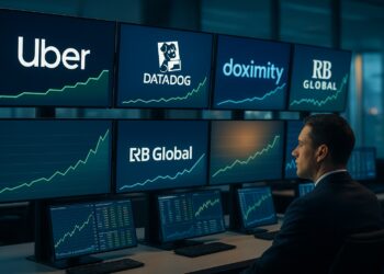 Operador financiero de Bank of America sigue gráficos ascendentes en sala de trading moderna con cinco pantallas de compañías tecnológicas.