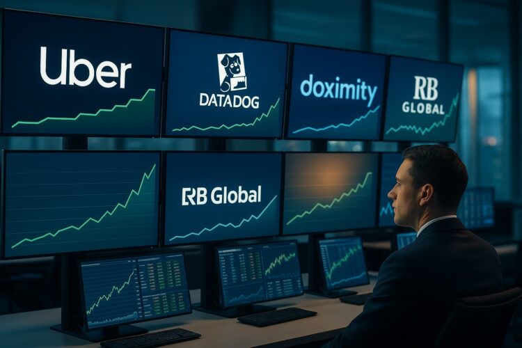 Operador financiero de Bank of America sigue gráficos ascendentes en sala de trading moderna con cinco pantallas de compañías tecnológicas.