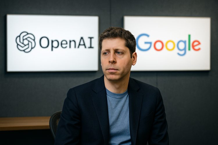 Sam Altman frente a paneles iluminados de OpenAI y Google en una oficina tecnológica moderna.