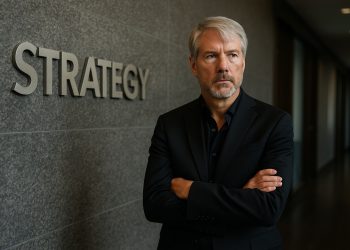 Michael Saylor posa serio en un pasillo corporativo junto al logo en relieve de Strategy.