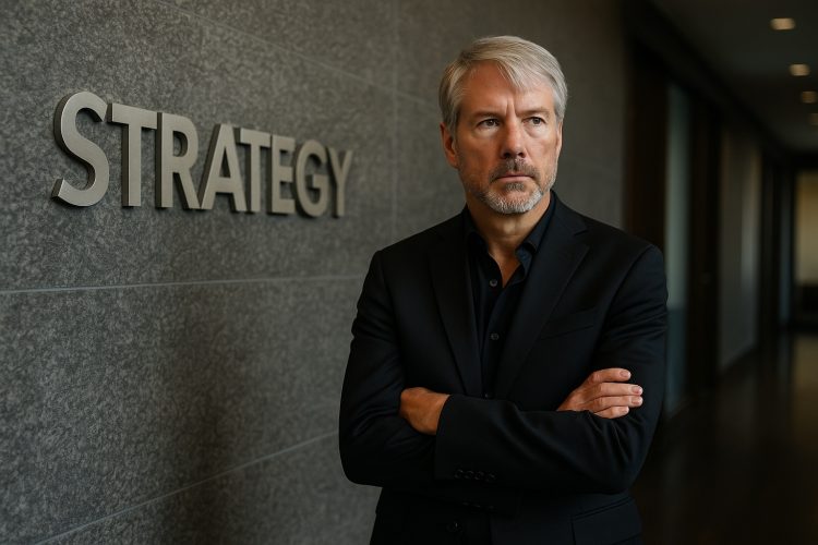 Michael Saylor posa serio en un pasillo corporativo junto al logo en relieve de Strategy.