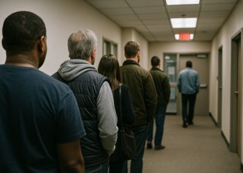 Personas esperan en fila en un pasillo institucional de EE. UU. tras alza en solicitudes de desempleo.