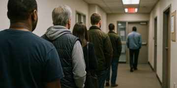 Personas esperan en fila en un pasillo institucional de EE. UU. tras alza en solicitudes de desempleo.