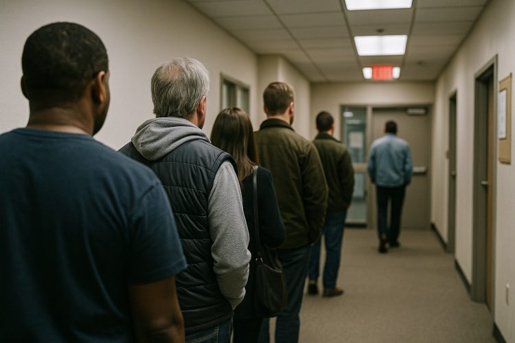 Personas esperan en fila en un pasillo institucional de EE. UU. tras alza en solicitudes de desempleo.
