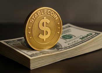 Stablecoin metálica inserta en un fajo de dólares, destacando presión sobre depósitos bancarios.