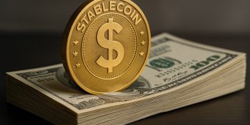 Stablecoin metálica inserta en un fajo de dólares, destacando presión sobre depósitos bancarios.