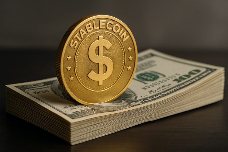 Stablecoin metálica inserta en un fajo de dólares, destacando presión sobre depósitos bancarios.