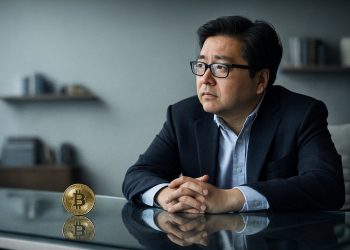 Tom Lee sentado en un escritorio de vidrio, pensativo, con una moneda de Bitcoin delante.