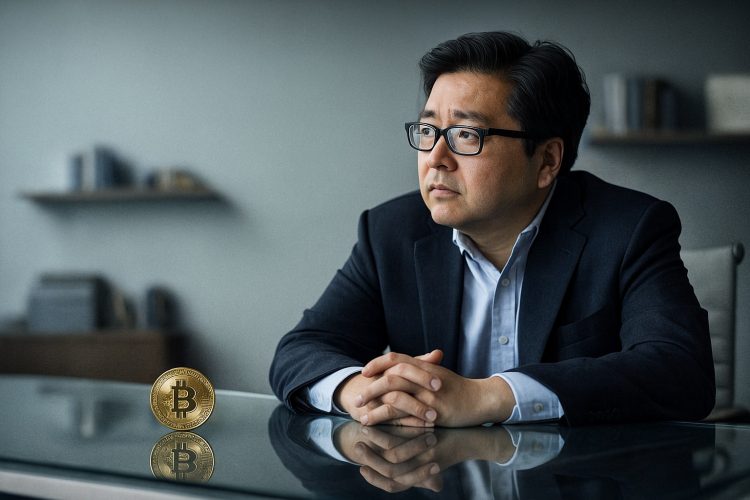 Tom Lee sentado en un escritorio de vidrio, pensativo, con una moneda de Bitcoin delante.