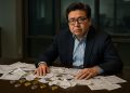Tom Lee observa una mesa con órdenes revueltas y tokens cripto metálicos en ambiente financiero.