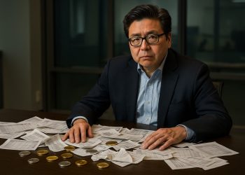 Tom Lee observa una mesa con órdenes revueltas y tokens cripto metálicos en ambiente financiero.