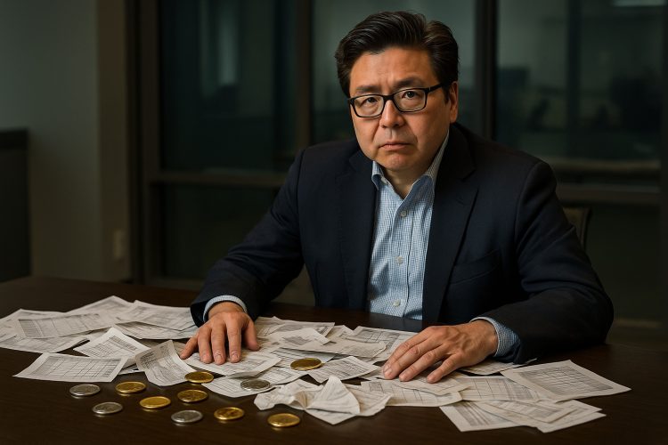 Tom Lee observa una mesa con órdenes revueltas y tokens cripto metálicos en ambiente financiero.