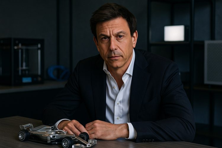 Toto Wolff en oficina moderna junto a un modelo metálico de F1 con detalles tecnológicos sutiles.
