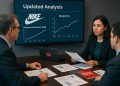 Analistas financieros observan gráficos de ingresos y márgenes de Nike en sala de investigación