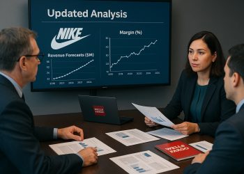 Analistas financieros observan gráficos de ingresos y márgenes de Nike en sala de investigación