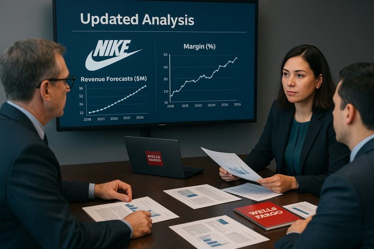 Analistas financieros observan gráficos de ingresos y márgenes de Nike en sala de investigación