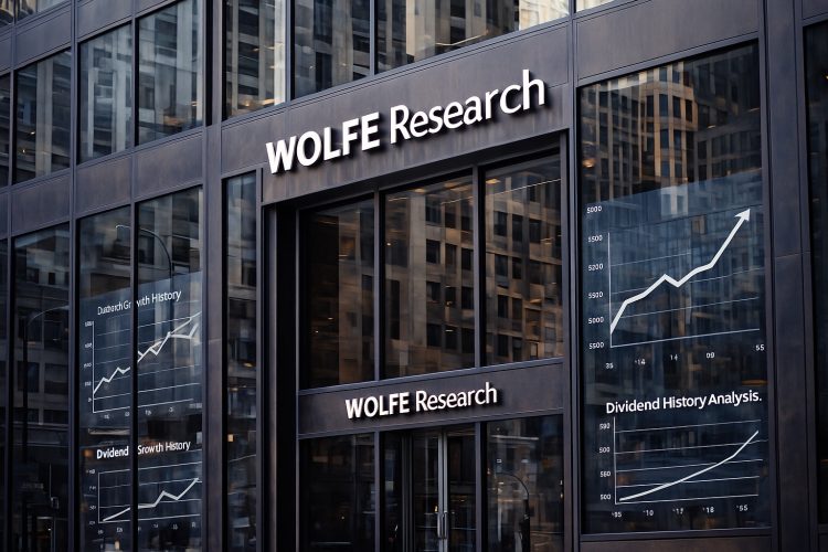 Edificio de Wolfe Research con gráficos de dividendos reflejados en los ventanales