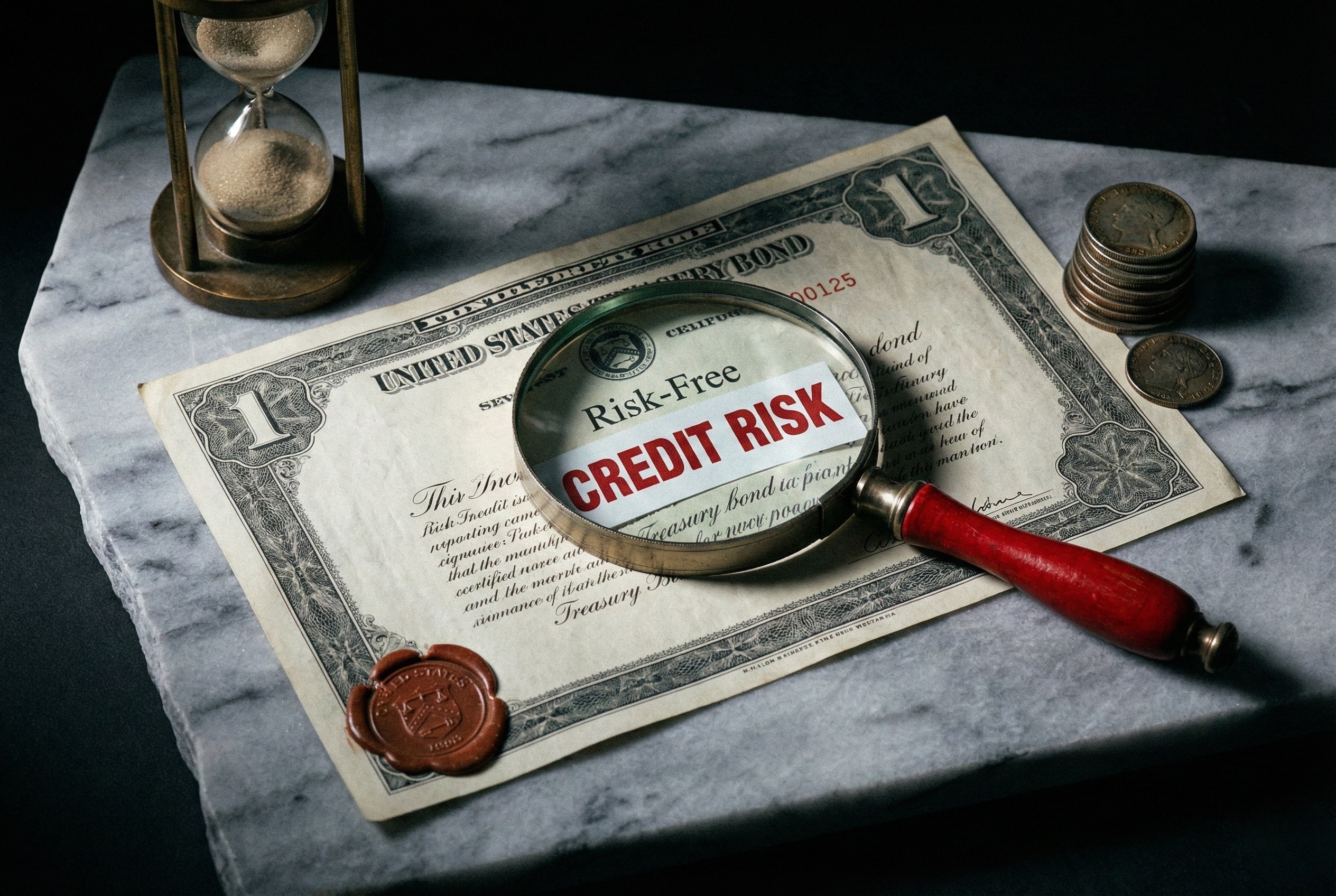 Fotografía conceptual de finanzas sobre una superficie de mármol. Un certificado clásico de Bono del Tesoro de los Estados Unidos (US Treasury Bond) es examinado bajo una lupa que resalta nítidamente el texto 'Credit Risk' (Riesgo de Crédito) en lugar de la seguridad garantizada, ilustrando el cambio de paradigma en la valoración de la deuda soberana americana.