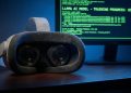 Visor VR de Meta inactivo en un escritorio; monitor de fondo muestra código verde de entrenamiento de IA Llama.