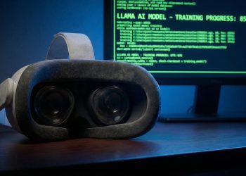 Visor VR de Meta inactivo en un escritorio; monitor de fondo muestra código verde de entrenamiento de IA Llama.