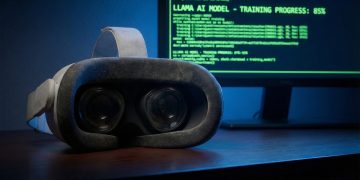 Visor VR de Meta inactivo en un escritorio; monitor de fondo muestra código verde de entrenamiento de IA Llama.
