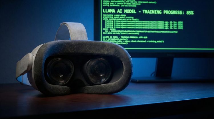 Visor VR de Meta inactivo en un escritorio; monitor de fondo muestra código verde de entrenamiento de IA Llama.