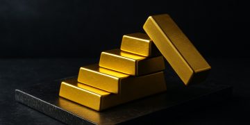 Lingotes de oro apilados frente a un edificio institucional.