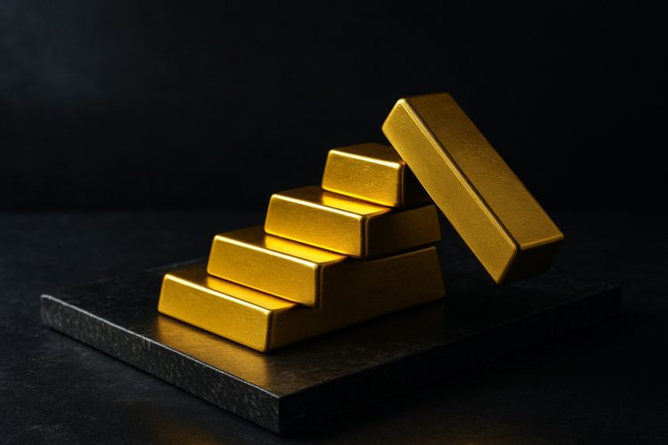 Lingotes de oro apilados frente a un edificio institucional.