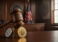 Mazo de juez sobre Bitcoin y USDC en tribunal.