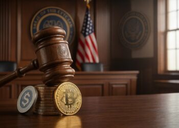 Mazo de juez sobre Bitcoin y USDC en tribunal.