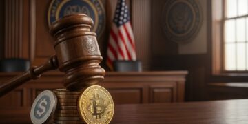 Mazo de juez sobre Bitcoin y USDC en tribunal.