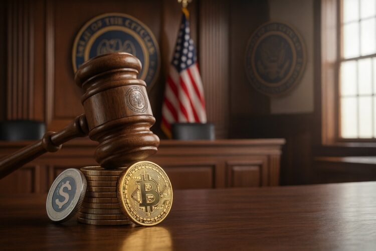 Mazo de juez sobre Bitcoin y USDC en tribunal.
