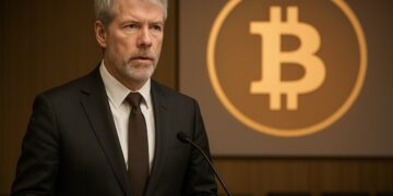 Retrato de Michael Saylor en una oficina moderna con documentos sobre Bitcoin.