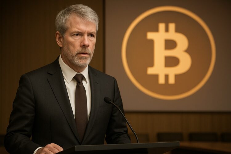 Retrato de Michael Saylor en una oficina moderna con documentos sobre Bitcoin.