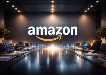 Amazon lidera una mesa ejecutiva con seis fuerzas tecnológicas al fondo en 2026.