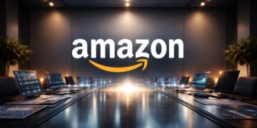 Amazon lidera una mesa ejecutiva con seis fuerzas tecnológicas al fondo en 2026.