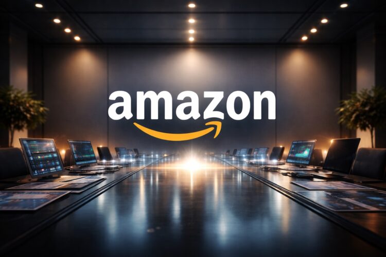 Amazon lidera una mesa ejecutiva con seis fuerzas tecnológicas al fondo en 2026.