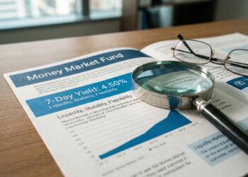 Fotografía de primer plano sobre un escritorio de madera que muestra un folleto financiero abierto con el título "Money Market Fund". Una lupa descansa sobre el documento, resaltando una sección azul prominente que indica "7-Day Yield: 4.50%" (Rendimiento a 7 días: 4.50%) y debajo "Liquidity, Stability, Flexibility". Unas gafas de lectura están situadas en la parte superior derecha del folleto. El fondo muestra un entorno de oficina luminoso y desenfocado.