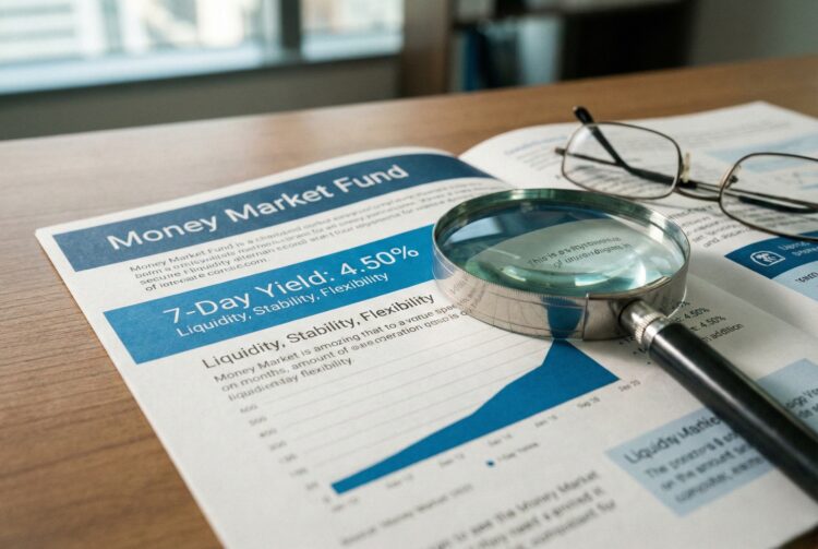 Fotografía de primer plano sobre un escritorio de madera que muestra un folleto financiero abierto con el título "Money Market Fund". Una lupa descansa sobre el documento, resaltando una sección azul prominente que indica "7-Day Yield: 4.50%" (Rendimiento a 7 días: 4.50%) y debajo "Liquidity, Stability, Flexibility". Unas gafas de lectura están situadas en la parte superior derecha del folleto. El fondo muestra un entorno de oficina luminoso y desenfocado.