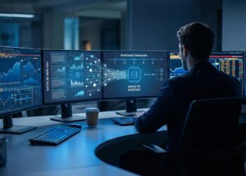 Un analista financiero de espaldas trabaja en un escritorio con múltiples monitores que muestran gráficos de datos de mercado y una tubería de "Revisiones Semanales" con "DATOS DE MERCADO", bajo una luz azulada.