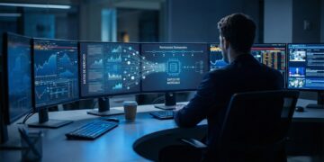 Un analista financiero de espaldas trabaja en un escritorio con múltiples monitores que muestran gráficos de datos de mercado y una tubería de "Revisiones Semanales" con "DATOS DE MERCADO", bajo una luz azulada.