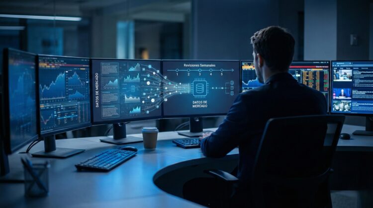 Un analista financiero de espaldas trabaja en un escritorio con múltiples monitores que muestran gráficos de datos de mercado y una tubería de "Revisiones Semanales" con "DATOS DE MERCADO", bajo una luz azulada.