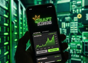 Smartphone mostrando app de DraftKings con predicciones y gráficos cripto